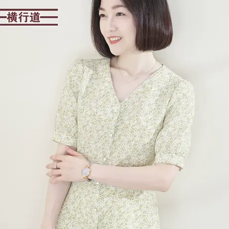 V领排扣开衫雪纺碎花短袖2024新款夏装洋气显瘦鸡心领女衣服小衫图片