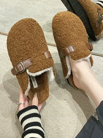 一脚蹬毛毛拖鞋女外穿2023年秋冬新款网红爆款懒人平底包头棉拖鞋商品大图
