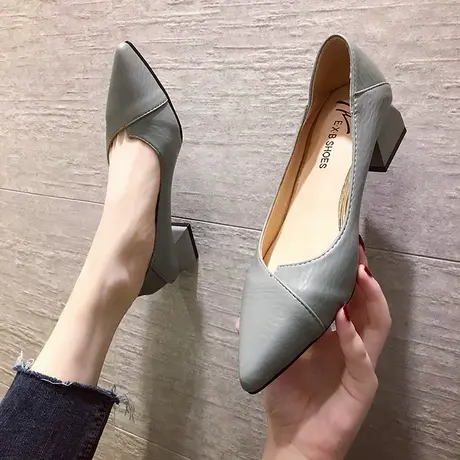 2024新款春季韩版粗跟浅口单鞋女尖头职业工作鞋ins网红百搭女鞋商品大图