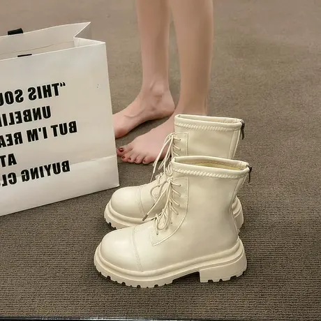 英伦风马丁靴女2023年新款网红厚底小个子烟筒切尔西短靴系带秋冬图片