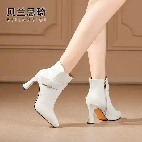 真皮舒适尖头厚底粗跟短靴女2023秋冬季新款防水台高跟时装短靴子商品大图