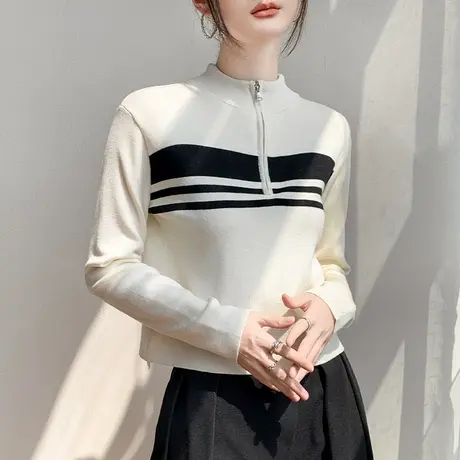 半拉链条纹针织衫女2023秋冬新品长袖修身半高领打底衫毛衣外套商品大图