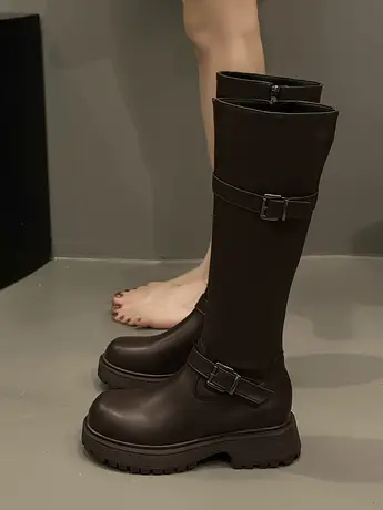 2023秋冬季厚底骑士靴子女爆款粗腿长筒靴皮带扣酷帅长靴子ins潮图片
