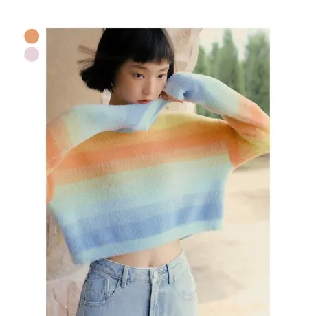 【少女中国】乐町绒感渐变毛衣女2023早春新款女装彩虹上衣针织衫图片