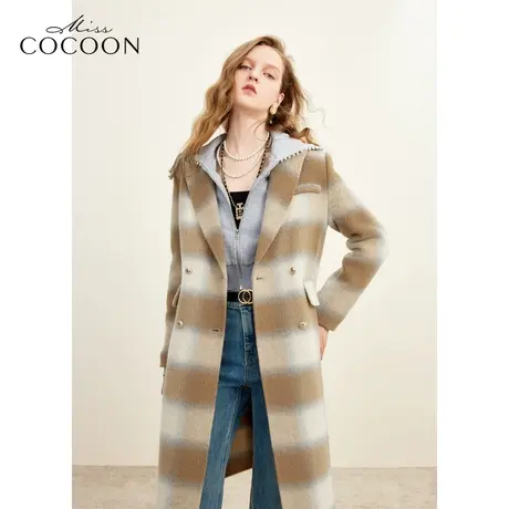 missCOCOON美拉德2023秋冬新款复古中长款撞色格纹羊毛双面呢外套商品大图