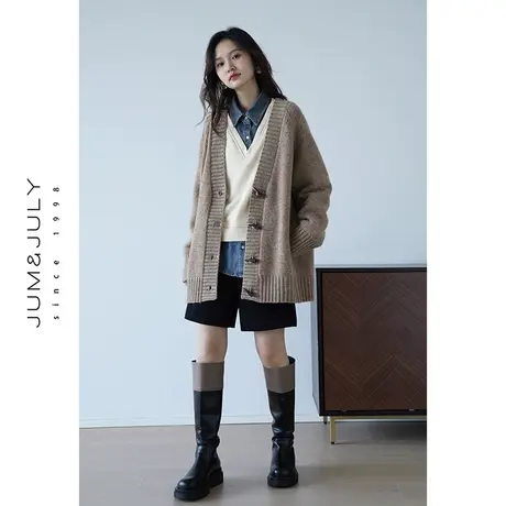 嘉茱莉2023秋冬新款1OO羊毛针织开衫外套女中长款宽松针织上衣商品大图