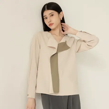 桔熊秋冬季通勤漂亮的不易皱荷叶边拼色V领长袖上衣女大码AB19227商品大图