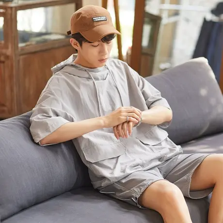 唐狮薄款半袖卫衣春夏新款男士短袖T恤宽松潮流上衣ins黑色卫衣商品大图