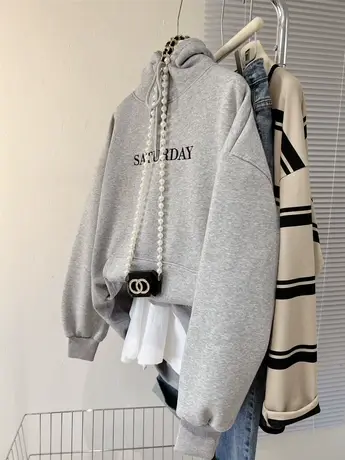 JI简小字母刺绣包臀中长款帽衫秋冬新款加绒女韩系连帽卫衣外套潮商品大图