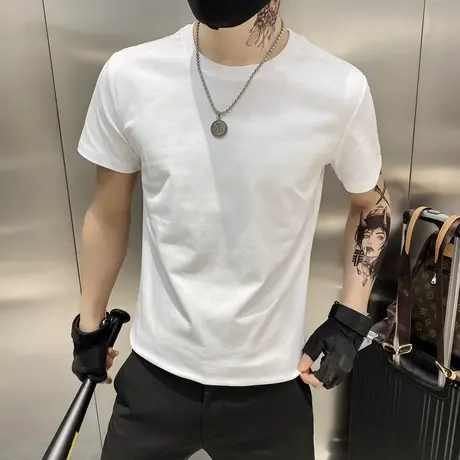 夏季男士t恤修身半袖潮流纯色圆领体恤帅气ins青年时尚休闲半截袖商品大图