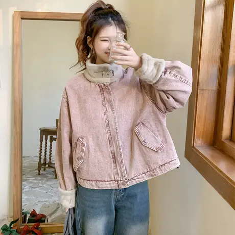 othermix 加绒加厚牛仔外套女2023秋冬新款宽松毛毛立领短款上衣图片