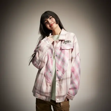 美式复古拼接格子外套女春秋2024新款设计感情侣夹克宽松小众上衣商品大图