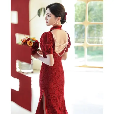 红色旗袍敬酒服新娘2023新款订婚礼服女中式结婚高级感蕾丝连衣裙商品大图