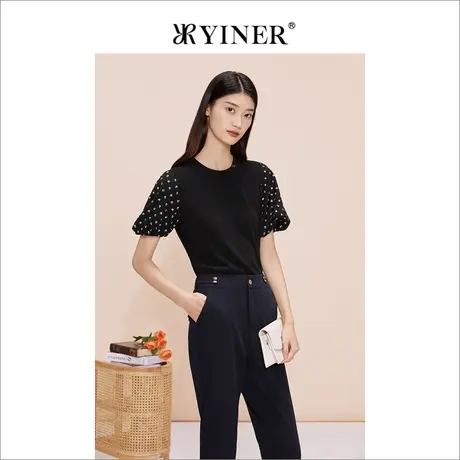 YINER音儿专选女装夏季法式优雅短袖针织衫印花泡泡袖上衣商品大图