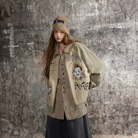 国潮设计感拼接外套女2024年春季新款复古情侣装夹克宽松小众上衣图片