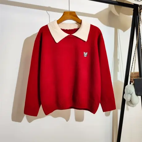 polo领红色毛衣女套头秋冬新款学院风刺绣小猫打底针织衫上衣外穿商品大图