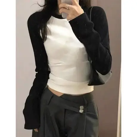 撞色拼接长袖T恤女早春秋装小个子短款打底衫纯棉内搭上衣服潮ins商品大图