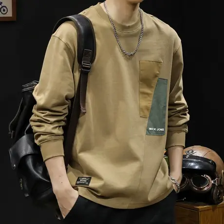 春季2024新款长袖t恤男纯棉潮牌大码男士内搭打底重磅拼接春秋款图片