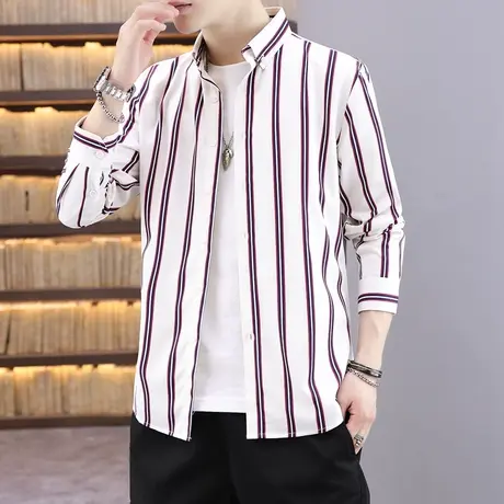 ins男装春秋日系磨毛长袖衬衫男士潮流文艺条纹衬衣外套宽松寸衫商品大图