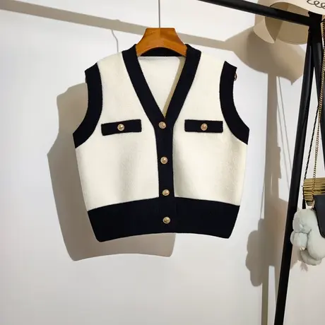 小香风针织马甲开衫女秋冬新款法式气质v领显瘦短款毛衣背心外套图片