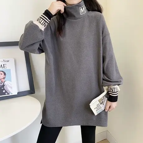 德绒磨毛打底衫女秋冬大码宽松内搭韩系ins中长款长袖t恤保暖上衣商品大图
