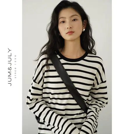 嘉茱莉2024早春新款复古条纹针织衫女宽松内搭打底衫套头针织上衣商品大图