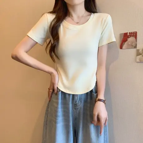 法式复古半袖T恤女夏天ins潮流百搭修身显瘦打底衫短款短袖上衣服商品大图