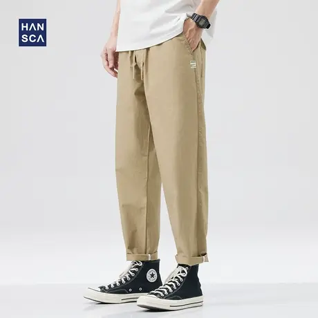 hansca纯棉休闲裤男宽松复古夏季薄款简约纯色抽绳直筒工装长裤子商品大图