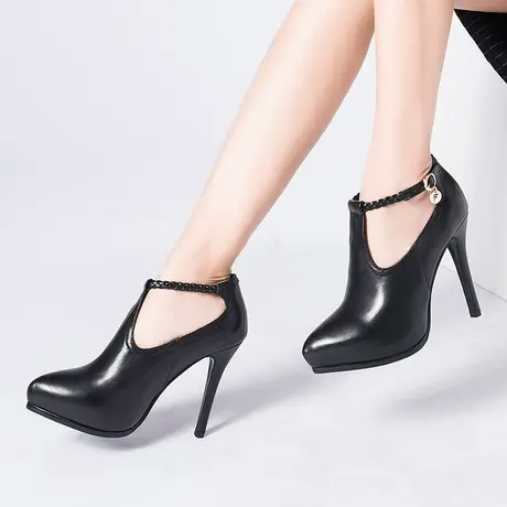 真皮女鞋春秋细高跟鞋时尚气质裸靴尖头牛皮及踝靴深口单鞋女图片