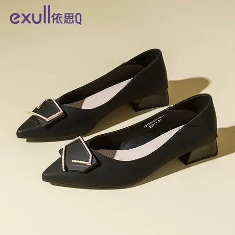依思q尖头单鞋女鞋2024新款春季法式粗跟黑色通勤工作低跟鞋子商品大图