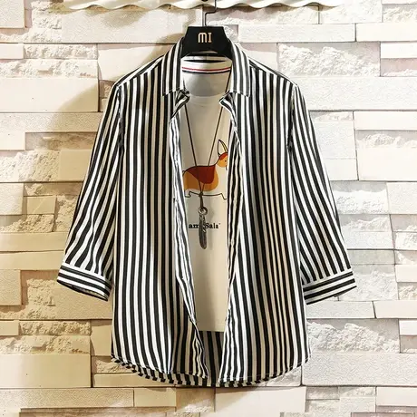 夏季男士韩版短袖衬衫潮流帅气春装外套七分袖衬衣条纹休闲寸衫薄商品大图