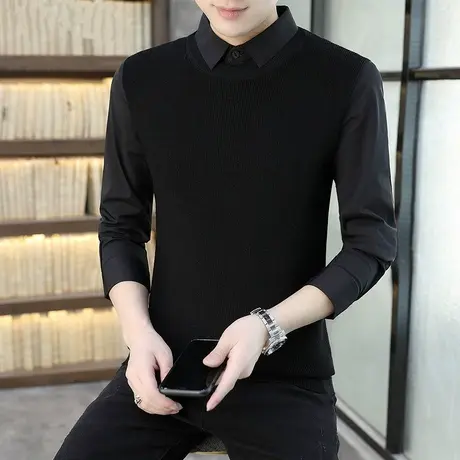 春秋季痞帅假两件保暖长袖衬衫炸街上衣男士加绒毛衣韩版潮流帅气商品大图