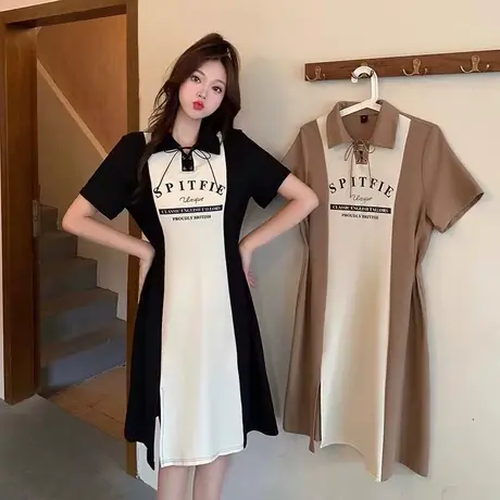 大码夏装新款显瘦遮肚收腰长裙胖妹妹a字休闲Polo领连衣裙女200斤商品大图