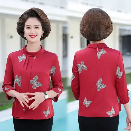 洋气妈妈秋装小衫春装中老年仿真丝衬衫女春秋中年妇女薄款打底衫商品大图