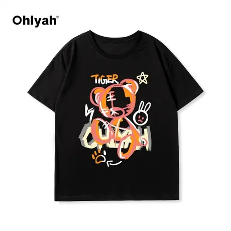 Ohlyah2023年春夏新款纯棉卡通印花图案小老虎t恤短袖女上衣圆领图片