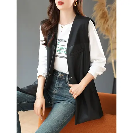 宝诗黎V领皮质拼接马甲外套2023春秋季新款气质百搭无袖背心坎肩图片