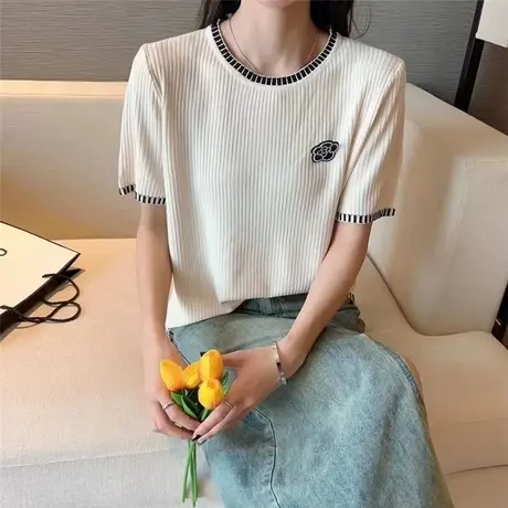 冰丝针织衫短袖t恤女2023年新款夏季修身显瘦上衣设计感小众体恤商品大图
