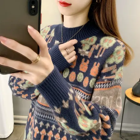 半高领复古毛衣女加厚打底衫2023秋冬新款宽松外穿针织衫内搭上衣商品大图