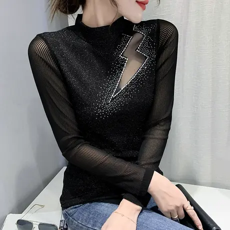 半高领打底衫女秋冬时尚烫钻长袖T恤紧身内搭小衫性感镂空上衣潮图片