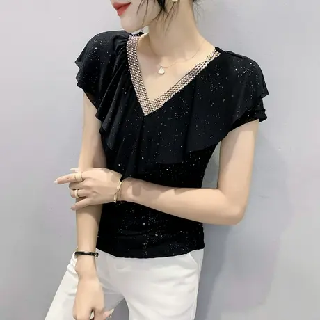 网纱短袖T恤女欧货镂空心机小衫性感V领洋气上衣气质别致半袖夏装商品大图