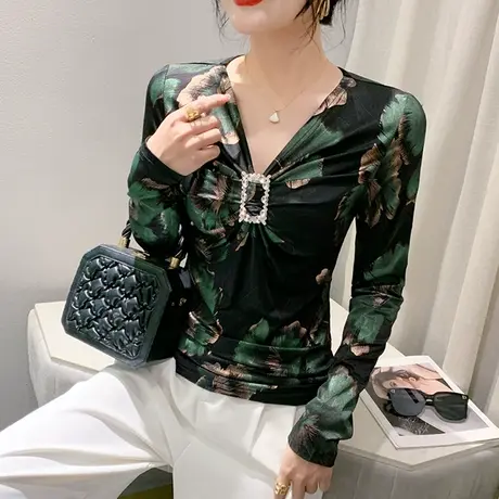 早秋性感V领打底衫女内搭长袖复古气质印花上衣时尚修身网纱T恤潮商品大图