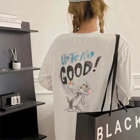 2023秋冬新款宽松卡通印花长袖打底衫T恤女爆款百搭小众白色上衣商品大图