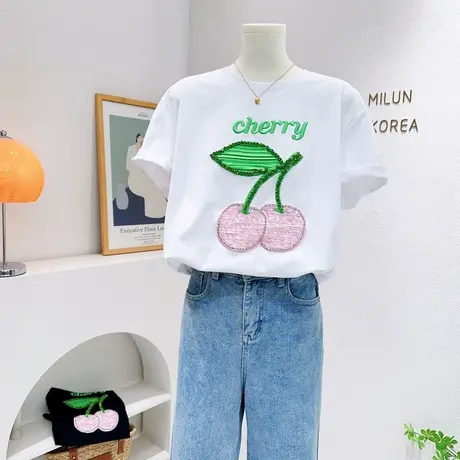 小香风重工水钻樱桃上衣~夏装韩国东大门别致短袖T恤宽松欧货大码商品大图