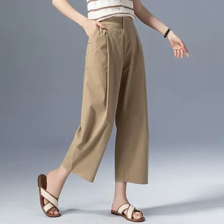 卡其色冰丝阔腿裤女夏季薄款2023新款八分窄版直筒裤夏天丝九分裤商品大图