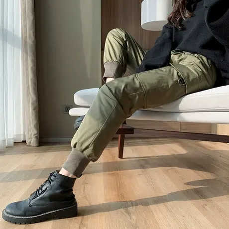 工装羽绒裤女冬季外穿时尚2023年新款高腰宽松休闲军绿色加厚棉裤图片