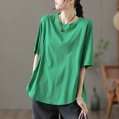dza复古纯色圆领休闲短袖t恤女夏宽松薄款半袖漂亮打底显瘦短上衣商品大图