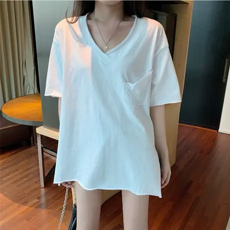 v领短袖t恤女夏季纯棉宽松韩版ins半袖设计感小众chic港味上衣服商品大图