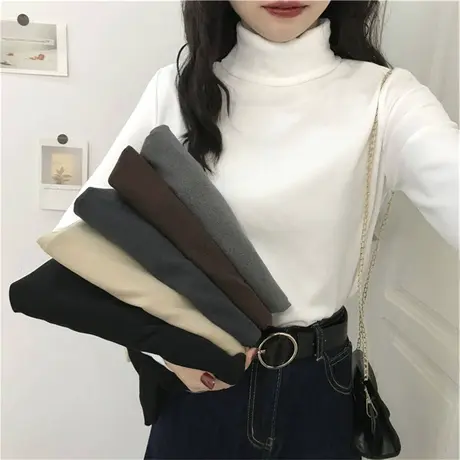 2023年新款春秋冬季白色洋气高领百搭加绒打底衫内搭长袖t恤女装商品大图