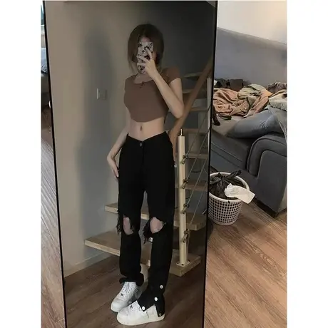 美式高街vibe风破洞牛仔裤女2023春夏季设计感高腰直筒微喇叭裤子图片