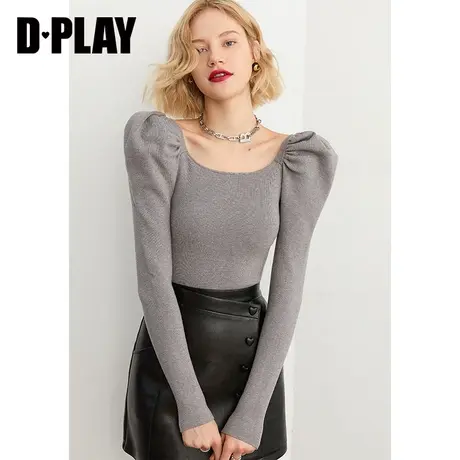 DPLAY秋装新新气质方领复古羊腿袖通勤针织小衫气质灰针织上衣图片